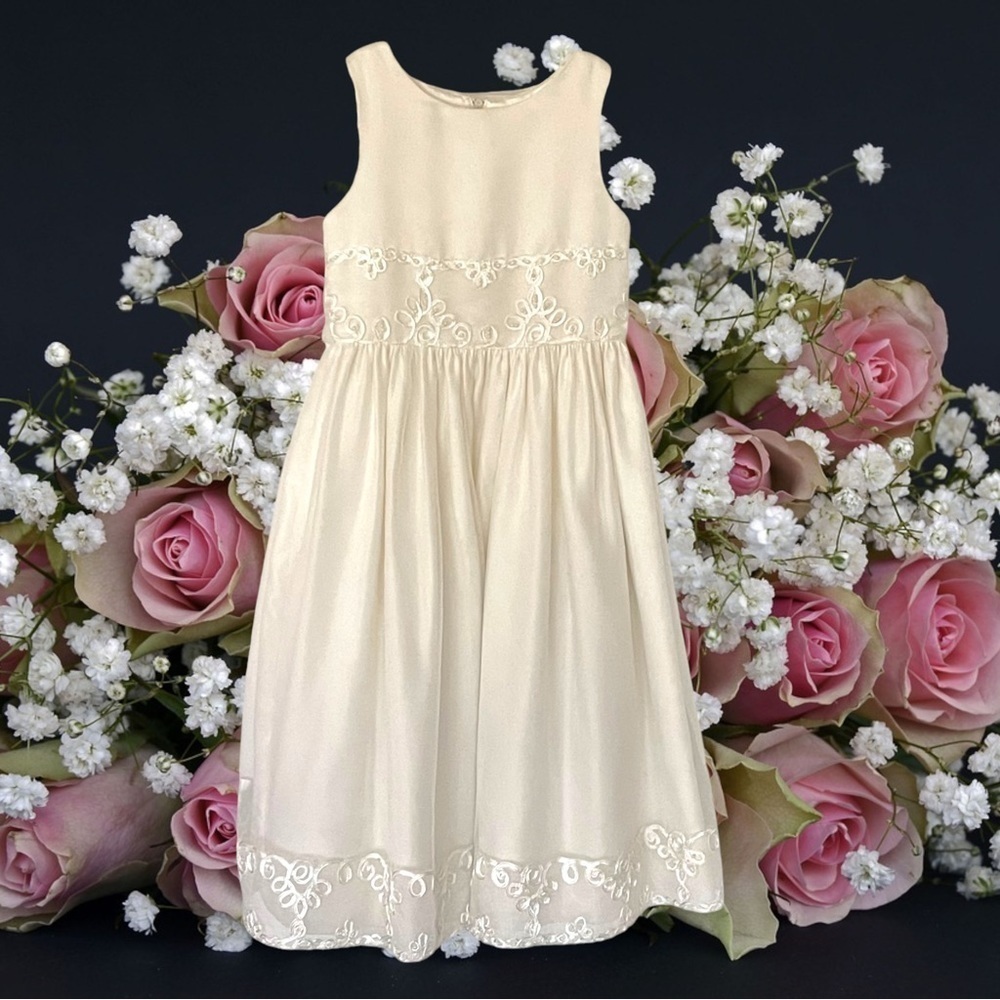 Girls Size 7 Ecru Flower Girl Dress by Cinderella w/Beading & Soutache Braiding